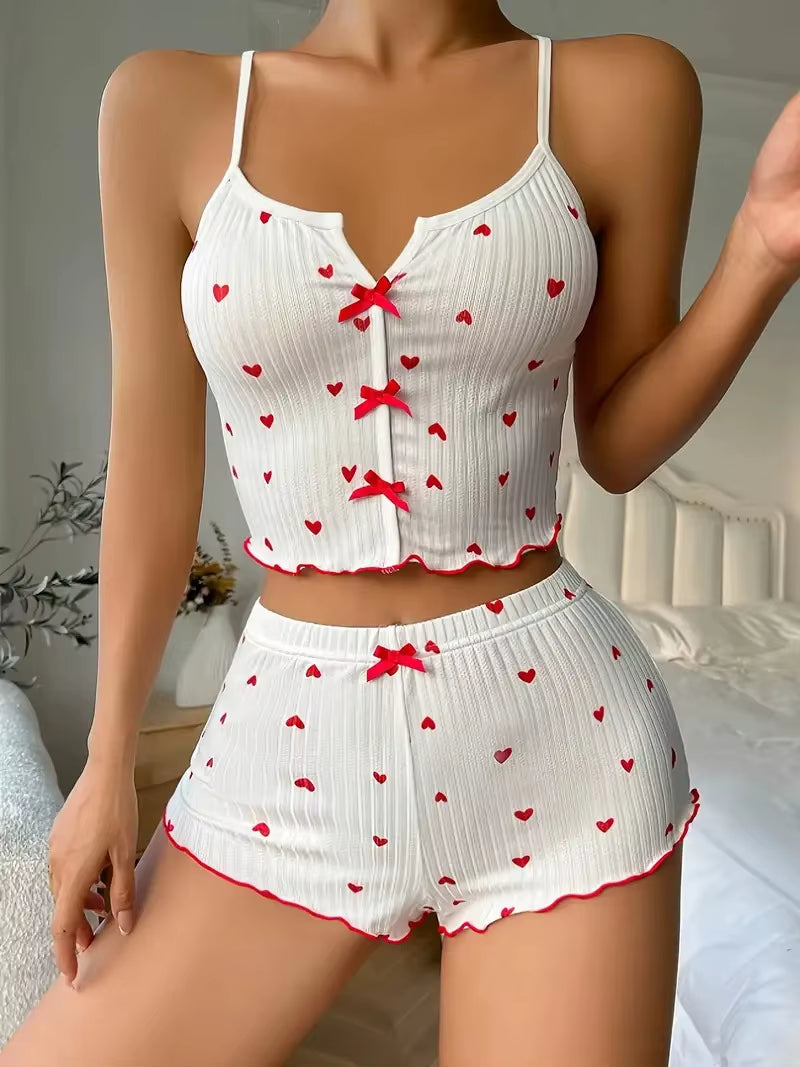 Heart Print Ribbed Pajama Set - Cami & Shorts Lounge Set