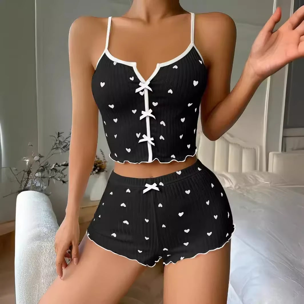 Heart Print Ribbed Pajama Set - Cami & Shorts Lounge Set